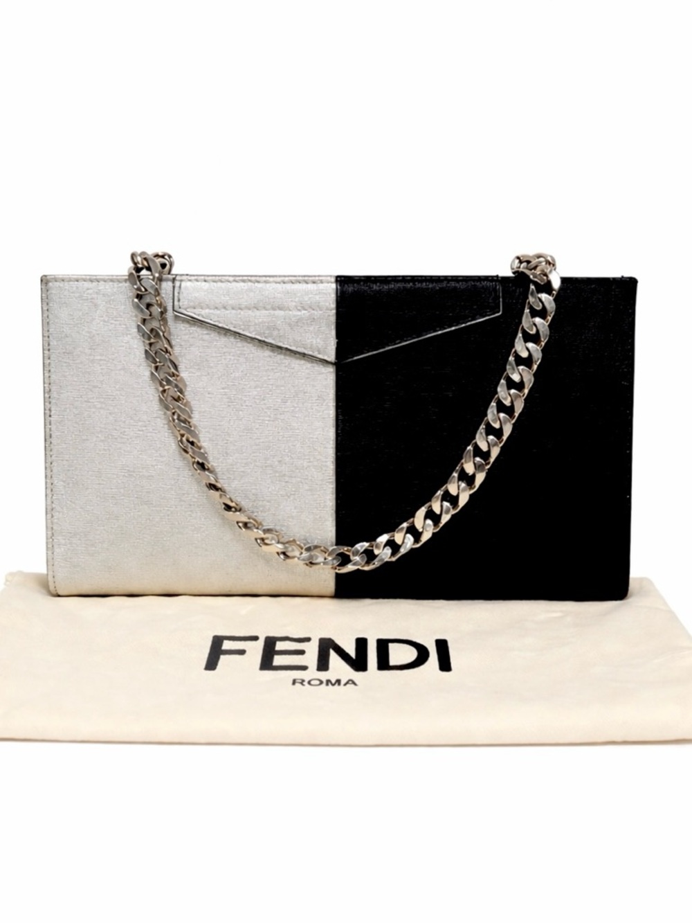 Fendi Black & Silver Leather Grande Colorblock Pochette Clutch On Chain